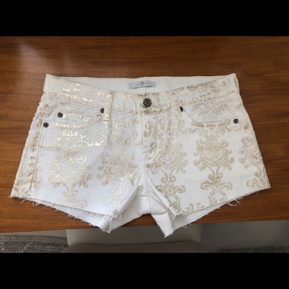 7 For All Mankind white and gold denim shorts